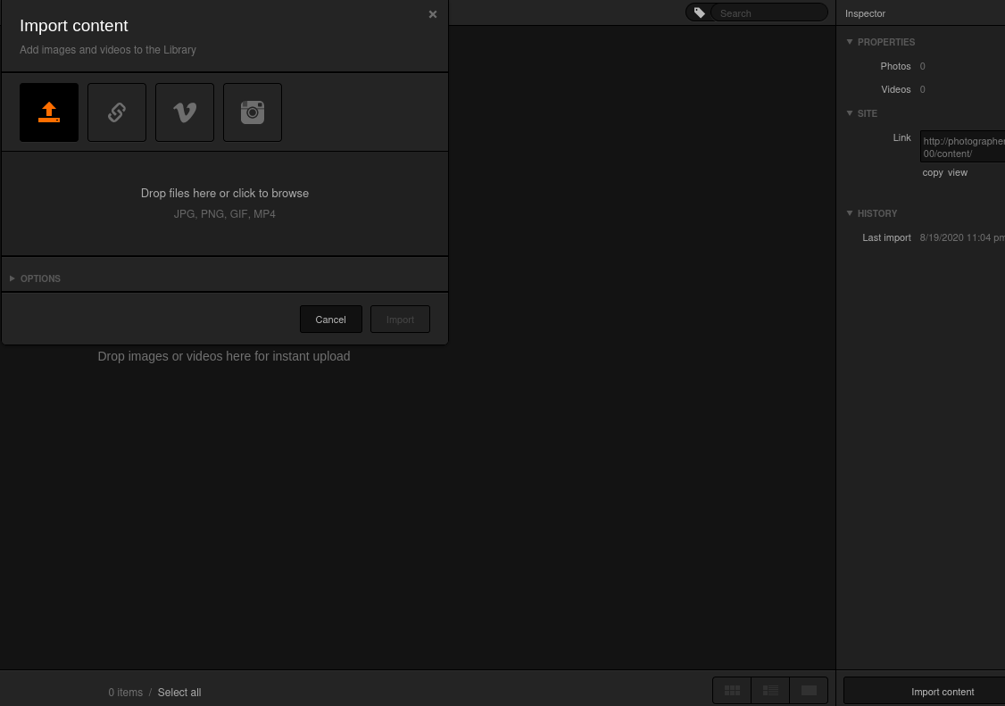 Detalhamento da área de upload de arquivos